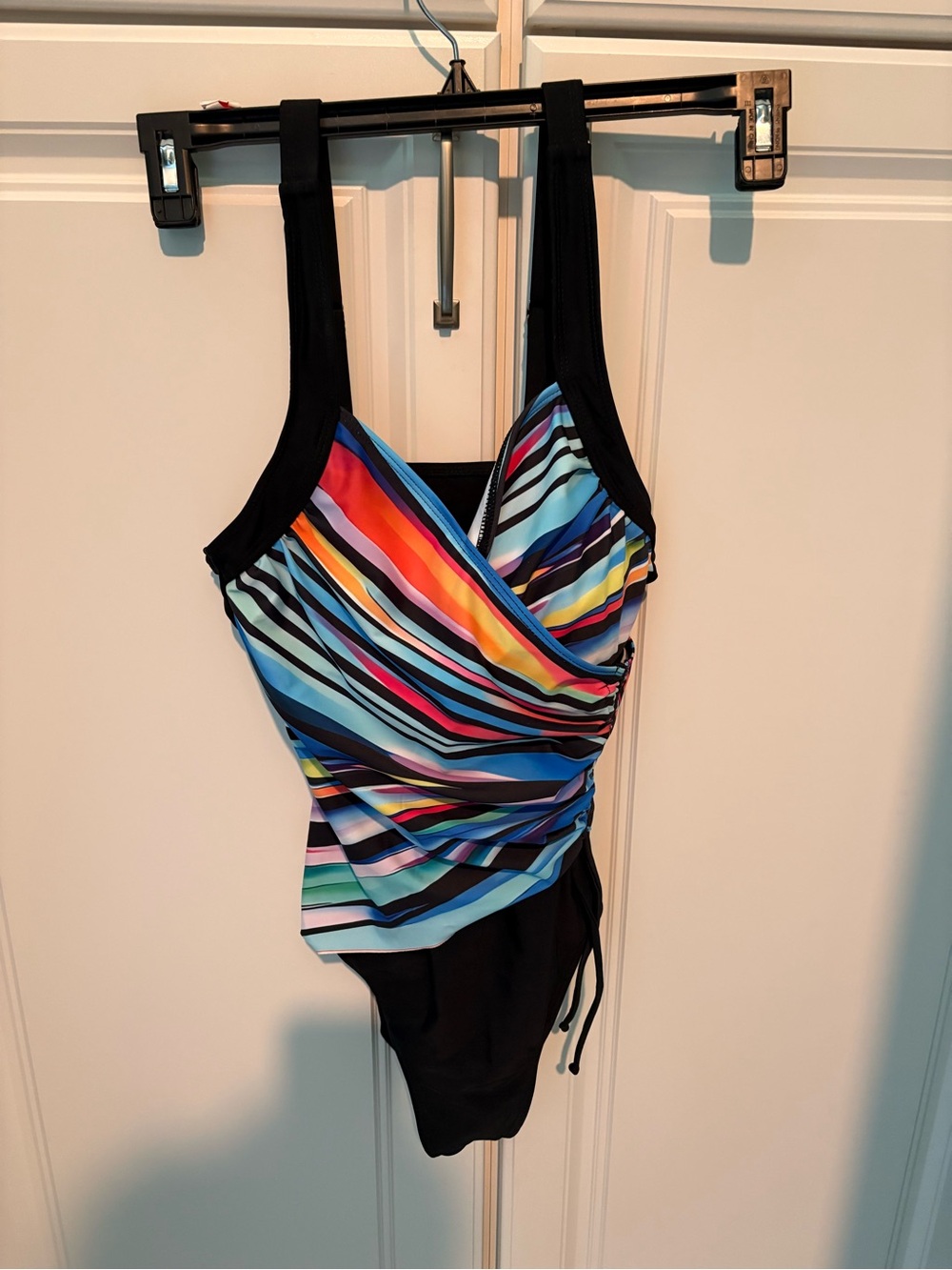 Multi-Color Striped One-Piece Swimsuit with Black Accents